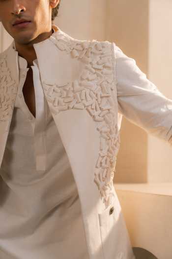Jatin Malik_Ivory Cotton, Linen Applique Valencia Shacket And Kurta Set _Online_at_Aza_Fashions