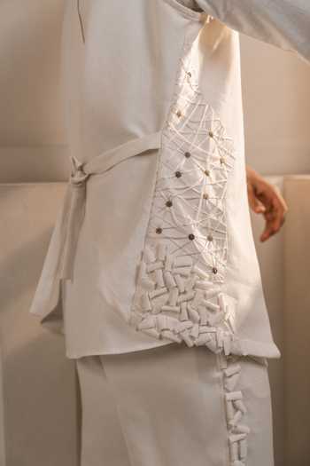 Buy_Jatin Malik_Ivory Cotton, Linen Applique Valencia Shacket And Kurta Set _Online_at_Aza_Fashions