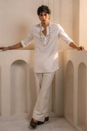 Shop_Jatin Malik_Ivory Cotton, Linen Applique Valencia Shacket And Kurta Set _Online_at_Aza_Fashions