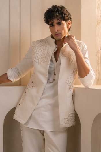 Jatin Malik_Ivory Cotton, Linen Applique Valencia Shacket And Kurta Set _at_Aza_Fashions