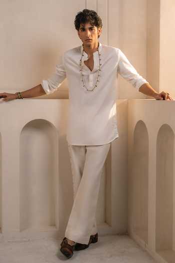 Buy_Jatin Malik_Ivory Cotton, Linen Valencia Kurta And Trouser Set _at_Aza_Fashions