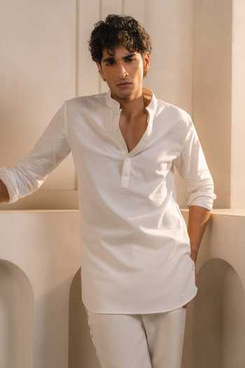 Shop_Jatin Malik_Ivory Cotton, Linen Valencia Kurta And Trouser Set _at_Aza_Fashions