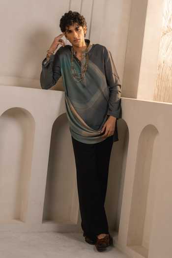 Buy_Jatin Malik_Grey Silk, Crepe Eclipse Print Kurta Set _at_Aza_Fashions