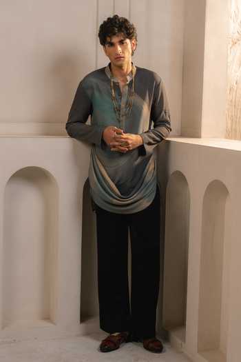 Buy_Jatin Malik_Grey Silk, Crepe Eclipse Print Kurta Set _Online_at_Aza_Fashions