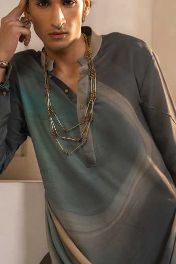 Shop_Jatin Malik_Grey Silk, Crepe Eclipse Print Kurta Set _Online_at_Aza_Fashions