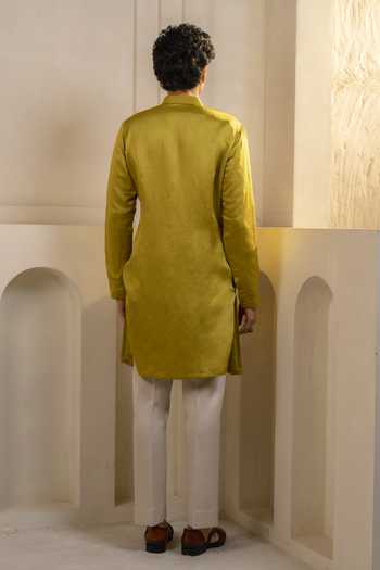 Shop_Jatin Malik_Green Silk, Linen Zari, Pearls Gold Moss Kurta Set _at_Aza_Fashions