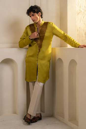 Buy_Jatin Malik_Green Silk, Linen Zari, Pearls Gold Moss Kurta Set _Online_at_Aza_Fashions
