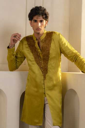 Shop_Jatin Malik_Green Silk, Linen Zari, Pearls Gold Moss Kurta Set _Online_at_Aza_Fashions