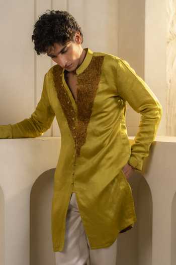 Jatin Malik_Green Silk, Linen Zari, Pearls Gold Moss Kurta Set _at_Aza_Fashions