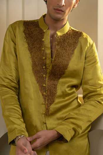 Buy_Jatin Malik_Green Silk, Linen Zari, Pearls Gold Moss Kurta Set 