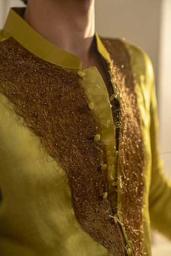 Shop_Jatin Malik_Green Silk, Linen Zari, Pearls Gold Moss Kurta Set 