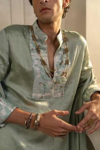 Jatin Malik_Green Silk, Linen Zari Caravan Pattern Kurta Set _Online_at_Aza_Fashions