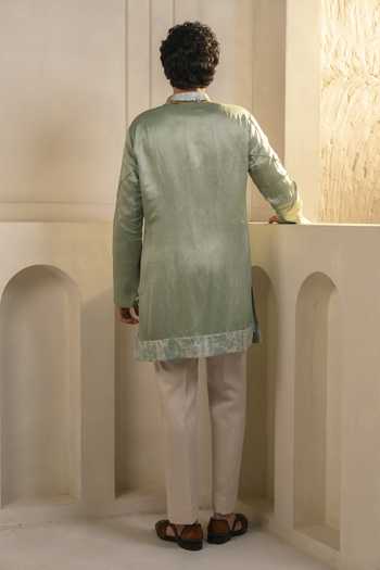 Shop_Jatin Malik_Green Silk, Linen Zari Caravan Pattern Kurta Set _at_Aza_Fashions