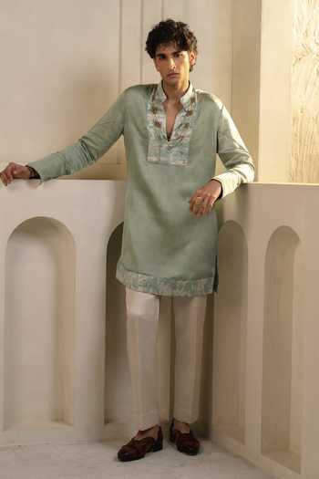 Buy_Jatin Malik_Green Silk, Linen Zari Caravan Pattern Kurta Set _at_Aza_Fashions
