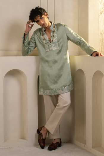 Buy_Jatin Malik_Green Silk, Linen Zari Caravan Pattern Kurta Set _Online_at_Aza_Fashions