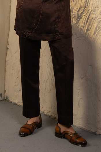 Jatin Malik_Brown Silk, Linen Embroidery, Pearls Mirage Kurta Set _Online_at_Aza_Fashions