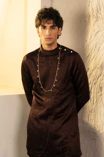 Shop_Jatin Malik_Brown Silk, Linen Embroidery, Pearls Mirage Kurta Set _Online_at_Aza_Fashions