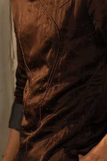 Jatin Malik_Brown Silk, Linen Embroidery, Pearls Mirage Kurta Set _at_Aza_Fashions