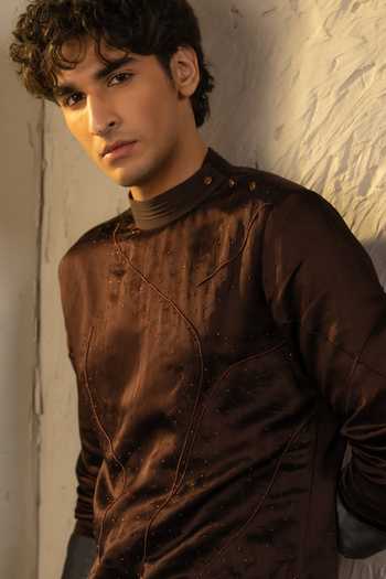 Buy_Jatin Malik_Brown Silk, Linen Embroidery, Pearls Mirage Kurta Set 