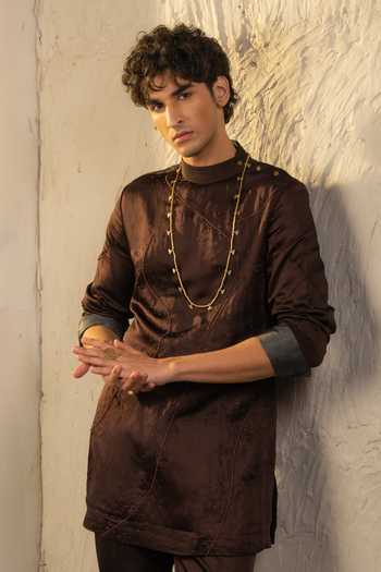 Shop_Jatin Malik_Brown Silk, Linen Embroidery, Pearls Mirage Kurta Set _at_Aza_Fashions