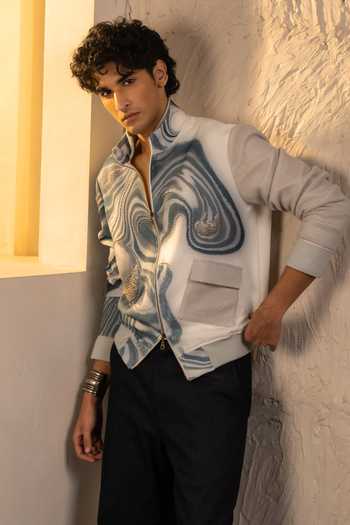 Jatin Malik_Ivory Crepe, Denim Sequins Sienna Wave Pattern Jacket _Online_at_Aza_Fashions