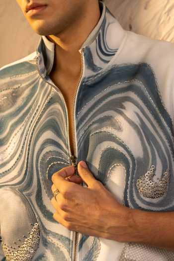 Shop_Jatin Malik_Ivory Crepe, Denim Sequins Sienna Wave Pattern Jacket _Online_at_Aza_Fashions