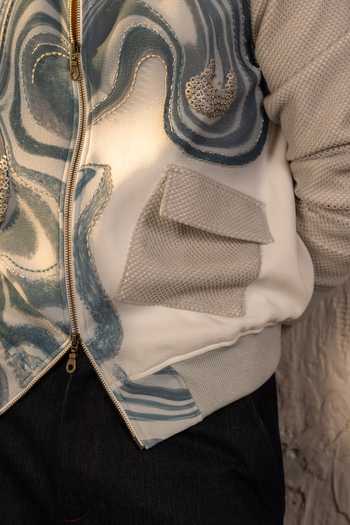 Jatin Malik_Ivory Crepe, Denim Sequins Sienna Wave Pattern Jacket _at_Aza_Fashions