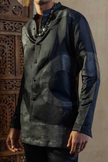 Buy_Jatin Malik_Grey Silk, Linen Metallic Thread, Patchwork Moon Veil Kurta Set _Online_at_Aza_Fashions