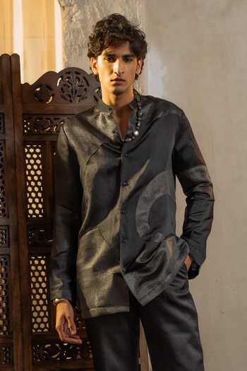 Shop_Jatin Malik_Grey Silk, Linen Metallic Thread, Patchwork Moon Veil Kurta Set _at_Aza_Fashions
