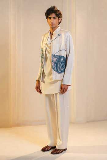 Buy_Jatin Malik_Ivory Silk, Crepe, Linen Embroidery Shankara Hand Nehru Jacket And Kurta Set _at_Aza_Fashions