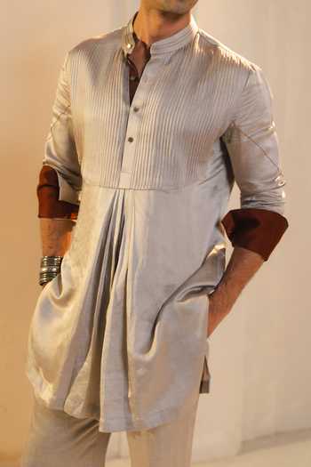 Jatin Malik_Silver Silk, Linen Samudra Kurta Set _Online_at_Aza_Fashions
