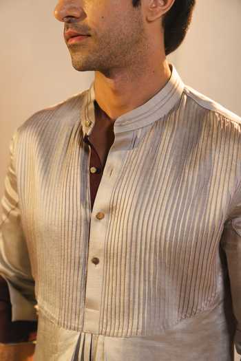 Buy_Jatin Malik_Silver Silk, Linen Samudra Kurta Set _Online_at_Aza_Fashions