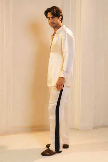 Shop_Jatin Malik_White Silk, Linen Digambara Plain Kurta Set _at_Aza_Fashions