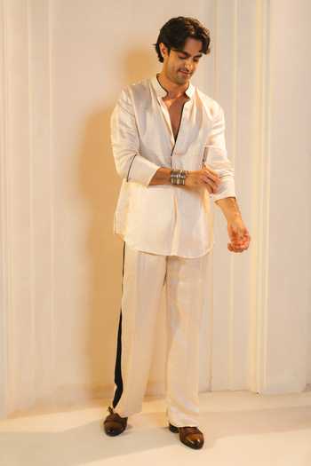 Buy_Jatin Malik_White Silk, Linen Digambara Plain Kurta Set _at_Aza_Fashions