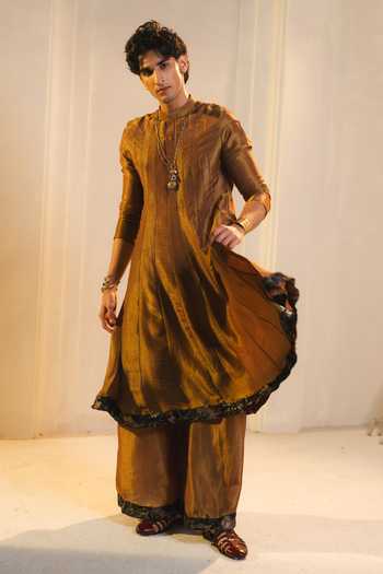 Buy_Jatin Malik_Gold Tissue Pital Jacquard Kurta Set _at_Aza_Fashions