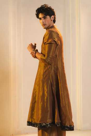 Shop_Jatin Malik_Gold Tissue Pital Jacquard Kurta Set _at_Aza_Fashions