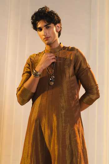 Jatin Malik_Gold Tissue Pital Jacquard Kurta Set _Online_at_Aza_Fashions