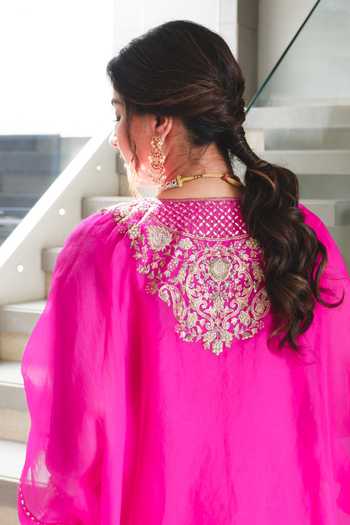 Pink City by Sarika_Pink Silk Embroidery Split V-neck Kaftan Set _Online_at_Aza_Fashions