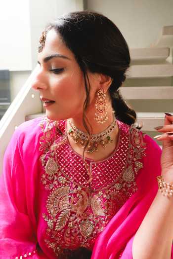 Buy_Pink City by Sarika_Pink Silk Embroidery Split V-neck Kaftan Set _Online_at_Aza_Fashions