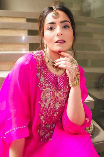 Shop_Pink City by Sarika_Pink Silk Embroidery Split V-neck Kaftan Set _Online_at_Aza_Fashions