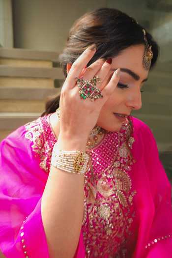 Pink City by Sarika_Pink Silk Embroidery Split V-neck Kaftan Set _at_Aza_Fashions