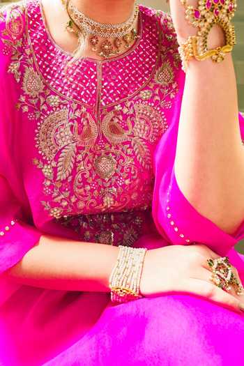 Shop_Pink City by Sarika_Pink Silk Embroidery Split V-neck Kaftan Set _at_Aza_Fashions