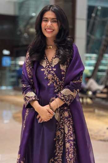 Buy_Pink City by Sarika_Purple Silk, Chanderi, Organza Sequins, Zari Peacock Motifs Work Angrakha Set _at_Aza_Fashions