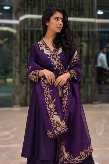 Pink City by Sarika_Purple Silk, Chanderi, Organza Sequins, Zari Peacock Motifs Work Angrakha Set _Online_at_Aza_Fashions