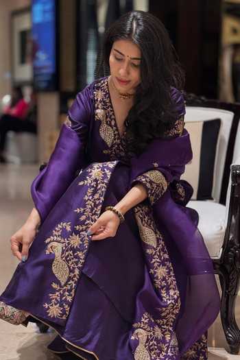 Buy_Pink City by Sarika_Purple Silk, Chanderi, Organza Sequins, Zari Peacock Motifs Work Angrakha Set _Online_at_Aza_Fashions