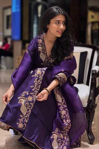 Shop_Pink City by Sarika_Purple Silk, Chanderi, Organza Sequins, Zari Peacock Motifs Work Angrakha Set _Online_at_Aza_Fashions