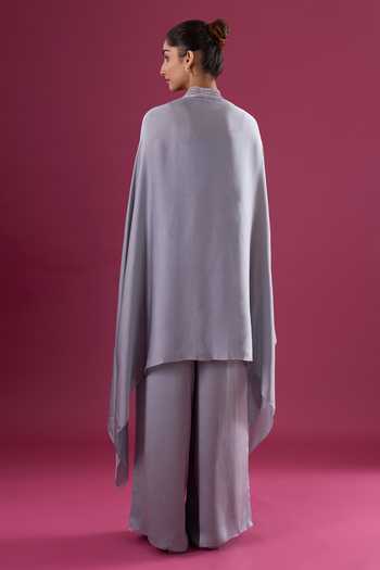 Shop_Amit Aggarwal_Grey Satin, Chiffon Beads Shawl Neck Placed Embroidered Cape And Pant Set _at_Aza_Fashions