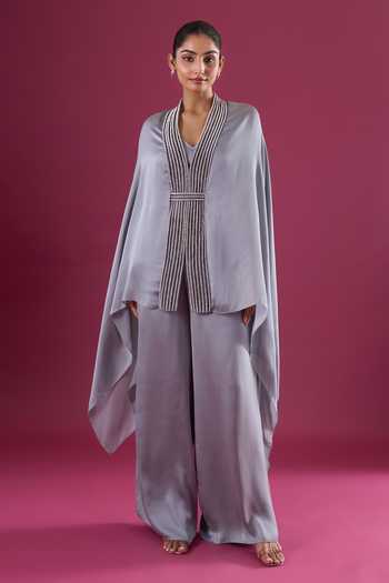 Amit Aggarwal_Grey Satin, Chiffon Beads Shawl Neck Placed Embroidered Cape And Pant Set _Online_at_Aza_Fashions