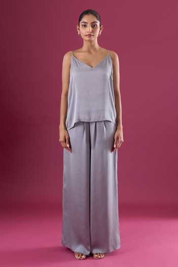 Buy_Amit Aggarwal_Grey Satin, Chiffon Beads Shawl Neck Placed Embroidered Cape And Pant Set _Online_at_Aza_Fashions