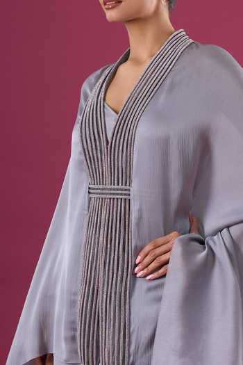 Shop_Amit Aggarwal_Grey Satin, Chiffon Beads Shawl Neck Placed Embroidered Cape And Pant Set _Online_at_Aza_Fashions